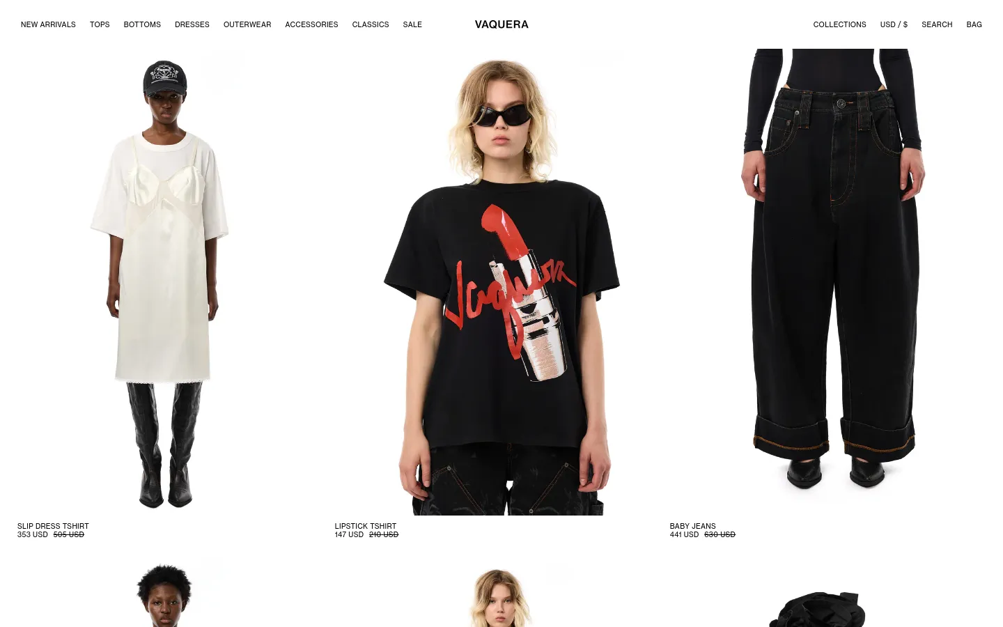 The desktop sale page features a minimalist white background with a top navigation menu including New Arrivals, Tops, Bottoms, Dresses, Outerwear, Accessories, Classics, and Sale. Large, high-fashion product images showcase models wearing items like a white slip dress, a black graphic t-shirt, and dark denim jeans. Each product is listed below the image with its name and sale price in black text.