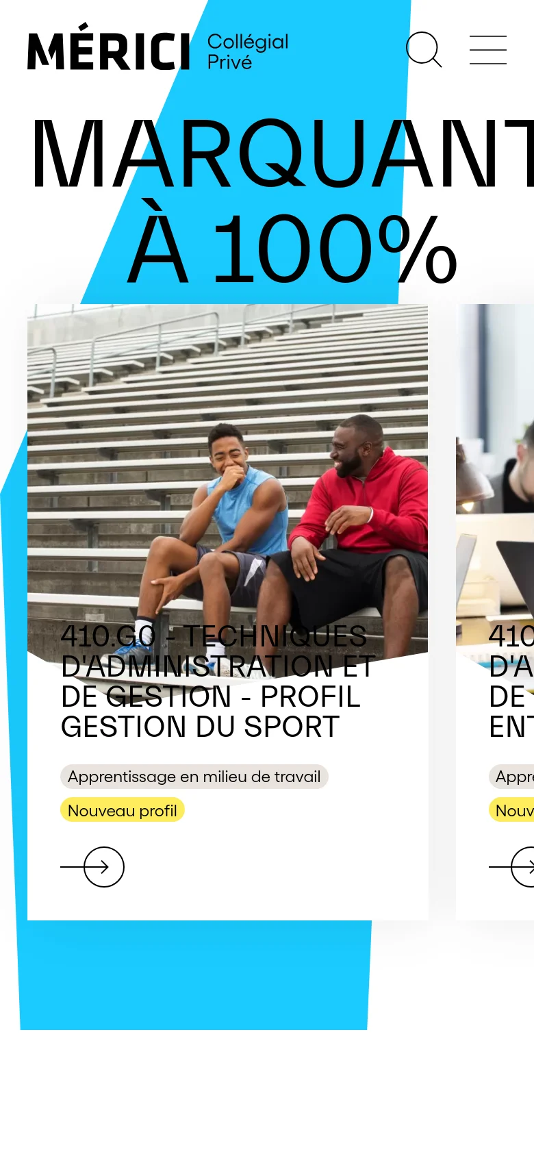 The mobile version presents a vertically stacked layout, starting with a large, centered headline 'MARQUANT À 100%' over a blue geometric shape. The program cards are displayed in a single-column vertical scroll, and the top navigation is condensed into a hamburger menu and a search icon.
