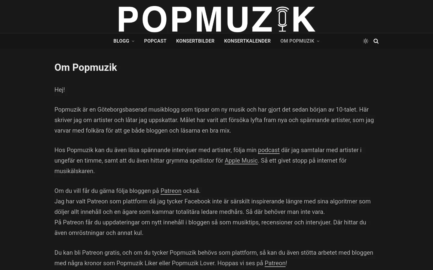 The desktop version features a dark theme with a large white 'POPMUZIK' logo and a navigation menu including Blogg, Popcast, and Konsertbilder. The main content area displays the headline 'Om Popmuzik' followed by several paragraphs of text explaining the history and purpose of the music blog. A featured image link for Lena Philipsson is visible at the top.
