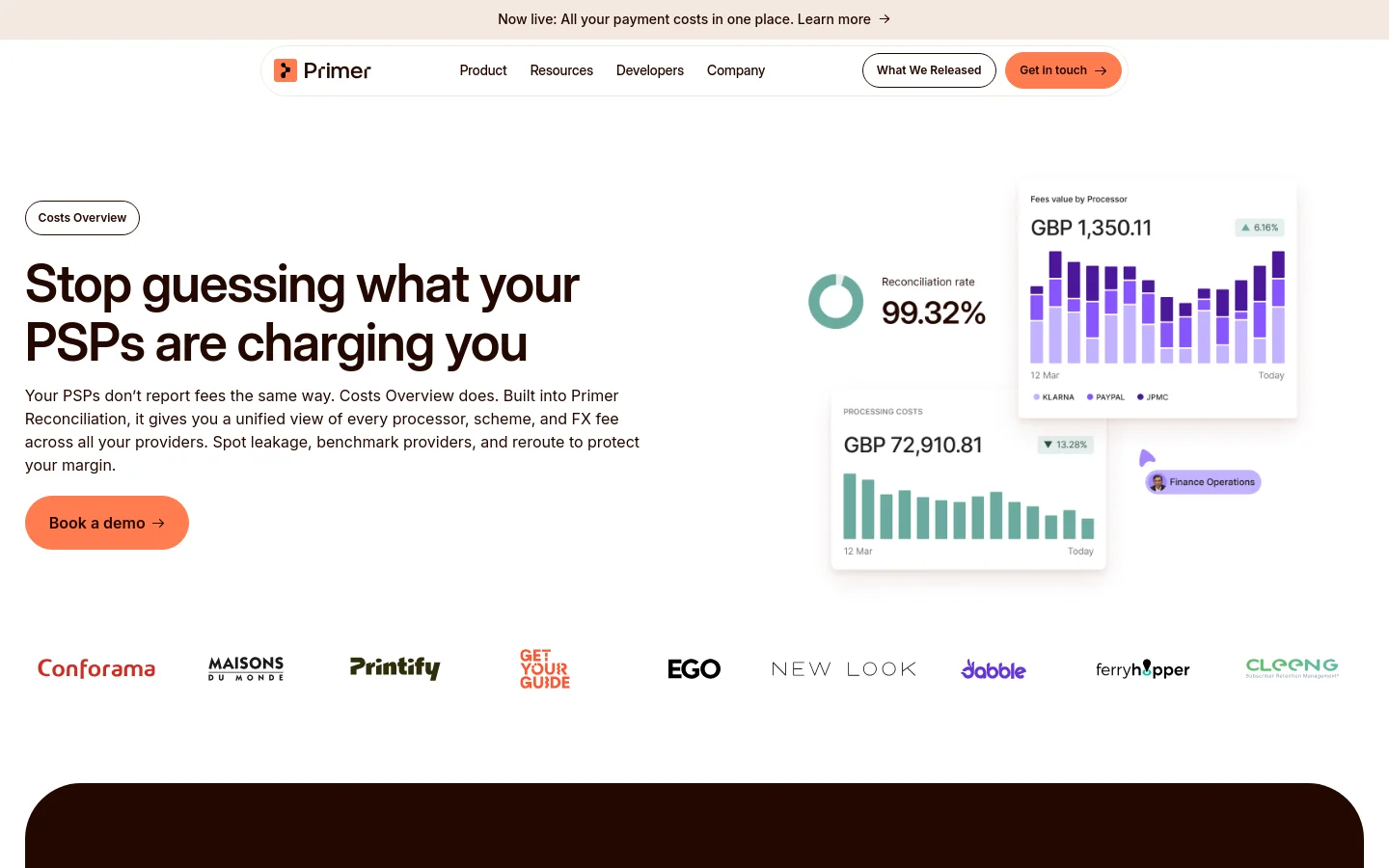 The desktop page features a clean, white background with a large headline, 'Stop guessing what your PSPs are charging you,' and a 'Book a demo' call-to-action button in orange. To the right, several floating UI elements show data visualizations like reconciliation rates and processing costs in teal and purple. A row of grayscale company logos is displayed at the bottom of the hero section.