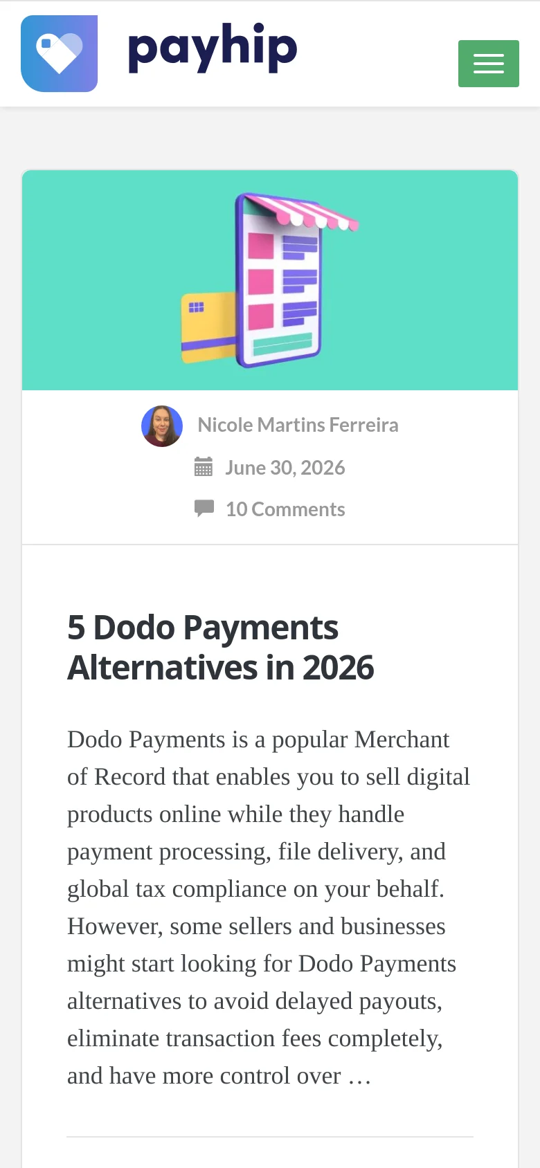 The mobile version presents a single-column layout focused on the blog content. The header is condensed with a hamburger menu, and the featured post occupies the full width of the screen, displaying the teal hero graphic, author information, and the article text below it.