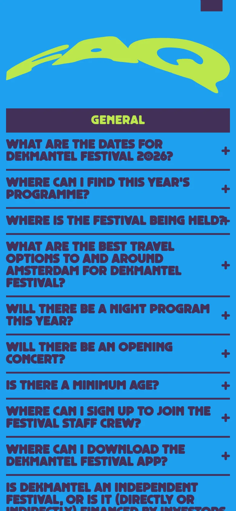 The mobile version maintains the blue background and large lime green 'FAQ' header but scales the text and layout for a narrow screen. The accordion-style questions are stacked vertically, filling the width of the screen, with the dark purple 'GENERAL' section header clearly visible above the list.