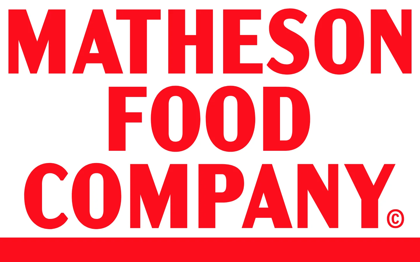 The desktop homepage features a bold red and white brand identity for Matheson Food Company. The layout displays various product categories like Seasoning and Macaroni & Cheese using large product images, descriptive flavor profiles, and clean typography on a white background.