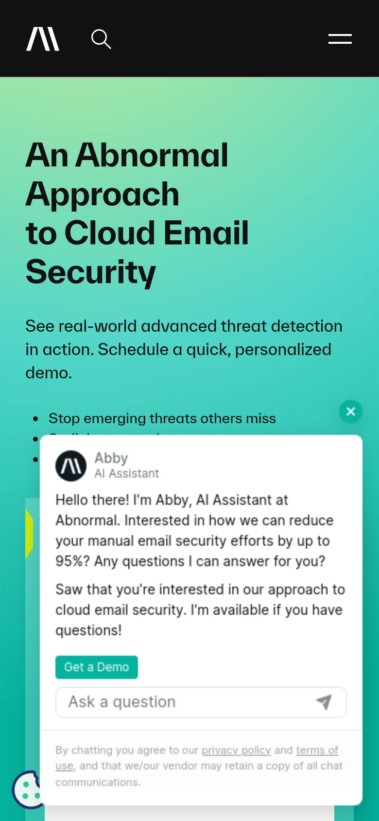 The mobile version presents a vertically stacked layout on a light green background. The headline and benefit list appear first, followed by the 'Get Started Today:' contact form, which occupies the full width of the screen. An AI assistant chat widget labeled 'Abby' is visible in the foreground, partially overlaying the bottom of the page.
