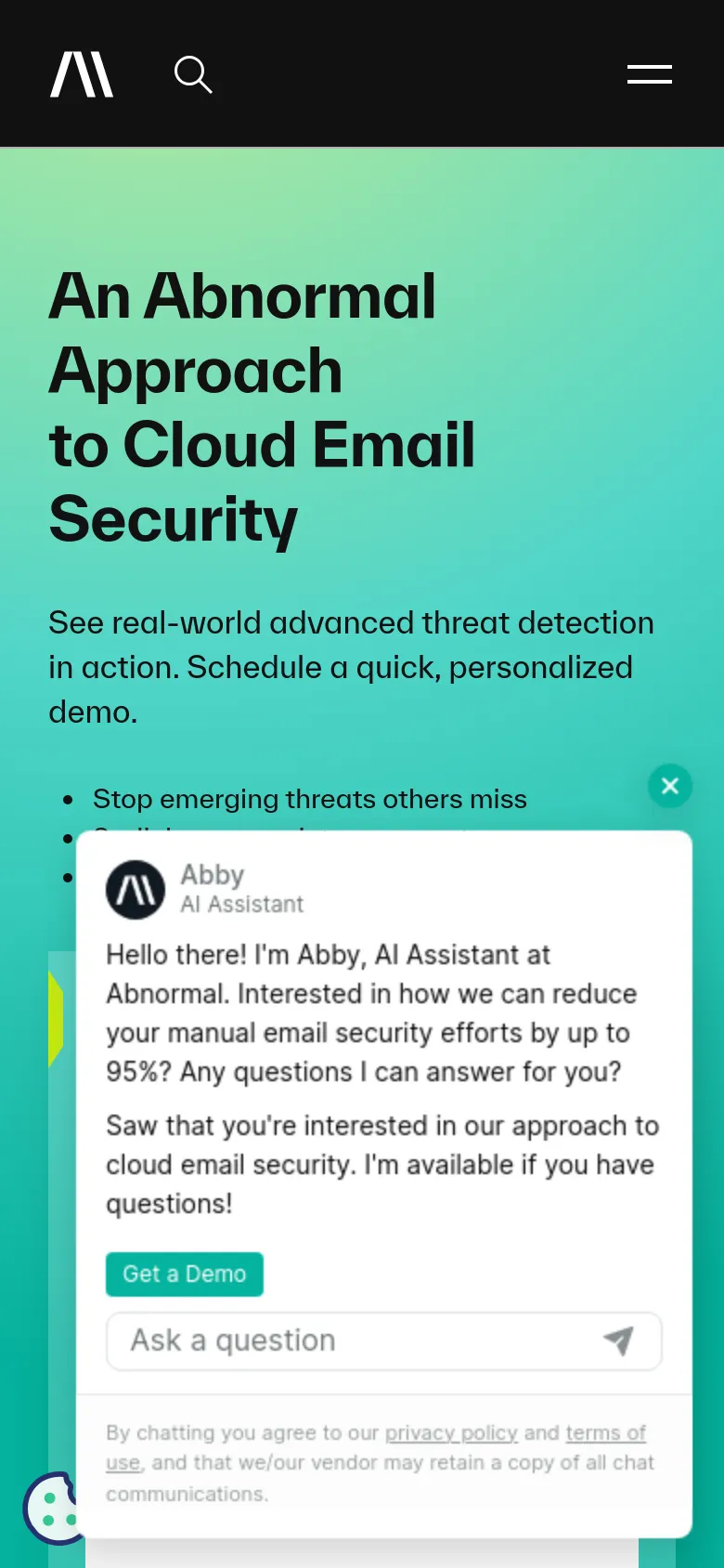 The mobile version presents a vertically stacked layout on a light green background. The headline and benefit list appear first, followed by the 'Get Started Today:' contact form, which occupies the full width of the screen. An AI assistant chat widget labeled 'Abby' is visible in the foreground, partially overlaying the bottom of the page.