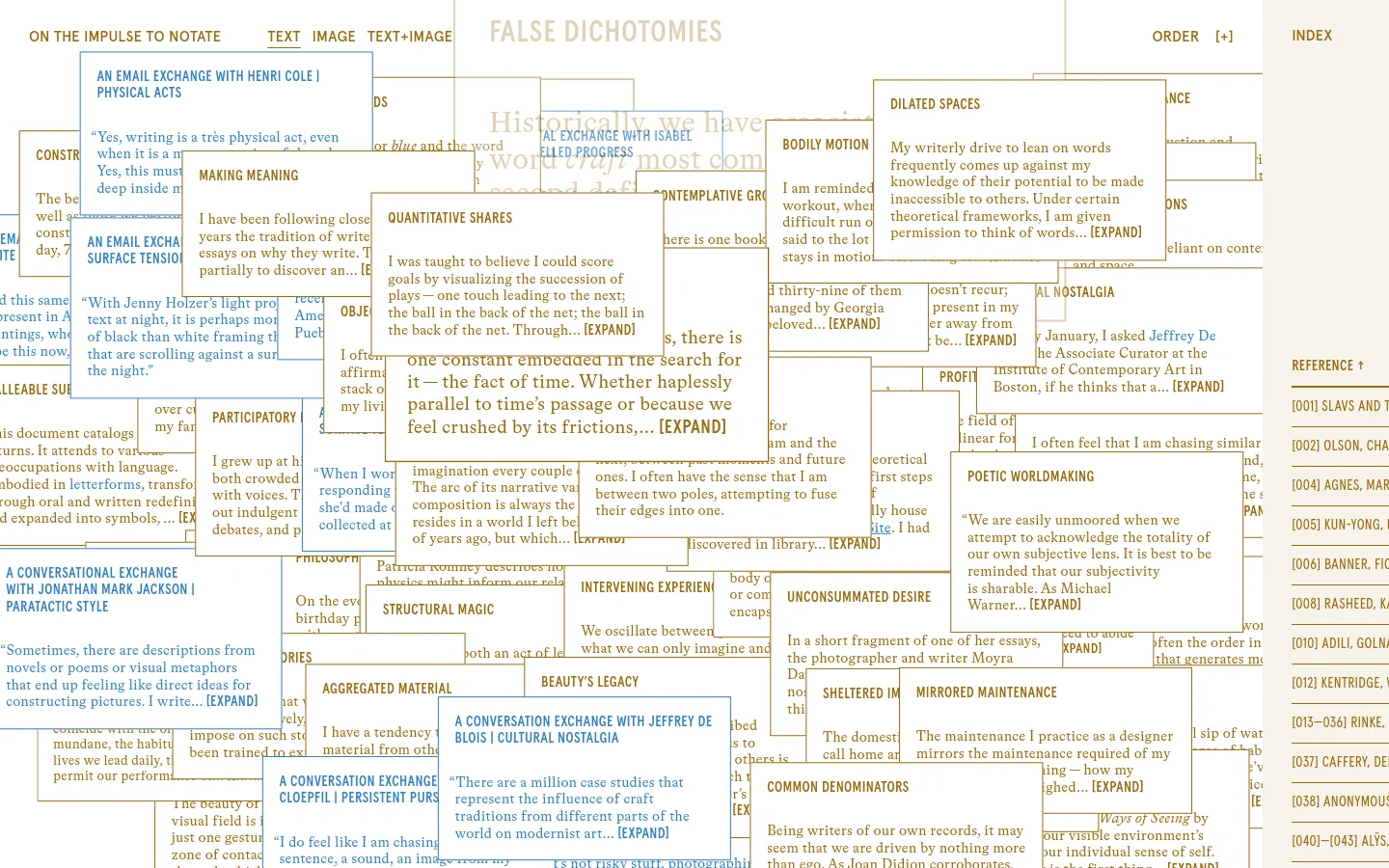 A minimalist website with a cream background and black serif typography. The layout features a large title 'On the Impulse to Notate' at the top, followed by a grid of text-based sections with headings like 'notational compositions' and 'projective verse'. The design is spacious, using significant white space and a clean, academic aesthetic.