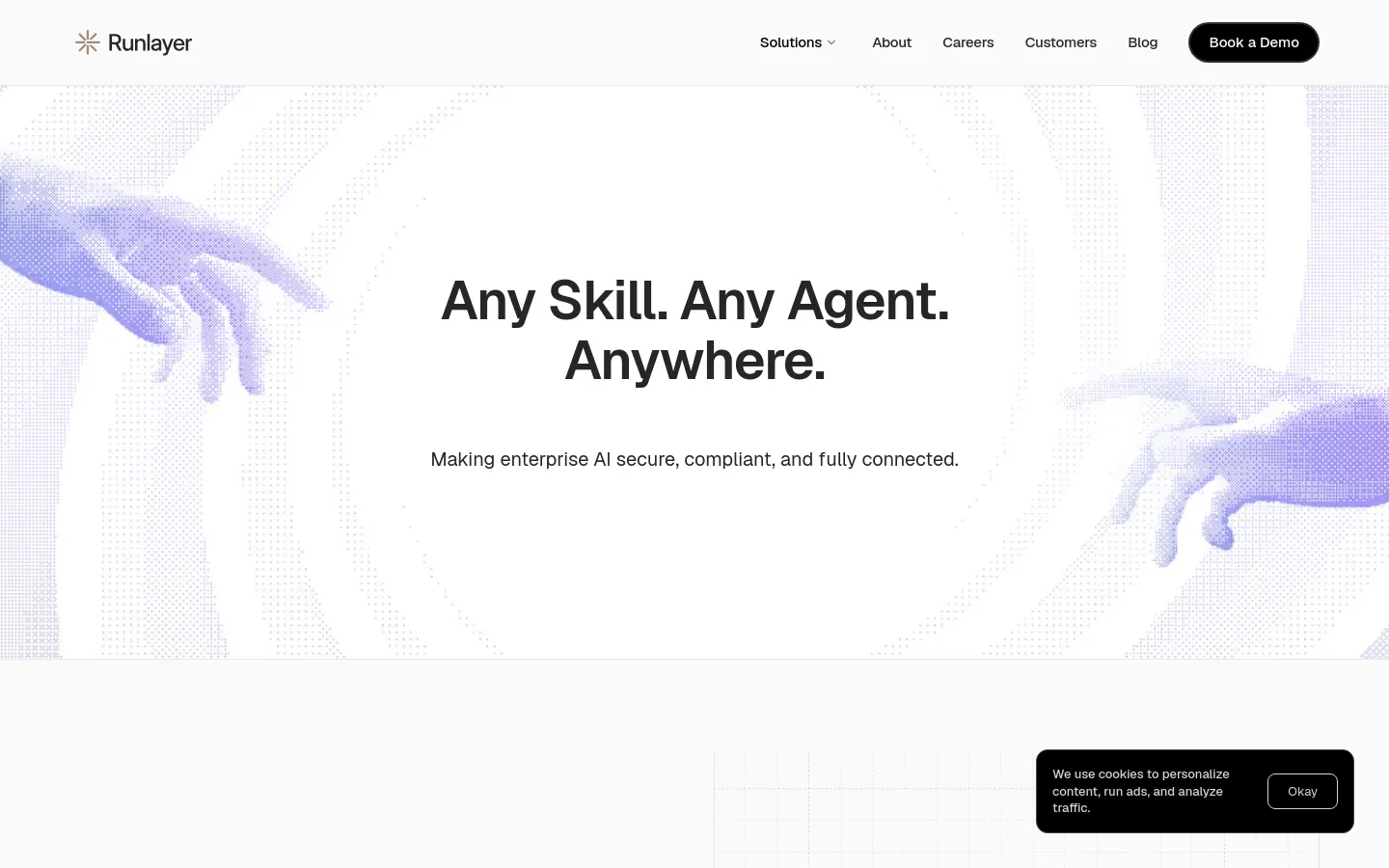 Runlayer About page featuring a minimalist hero section with large sans-serif typography reading Any Skill. Any Agent. Anywhere. The design uses a light, textured background with ethereal blue-toned hand imagery and a clean white and grey color palette.
