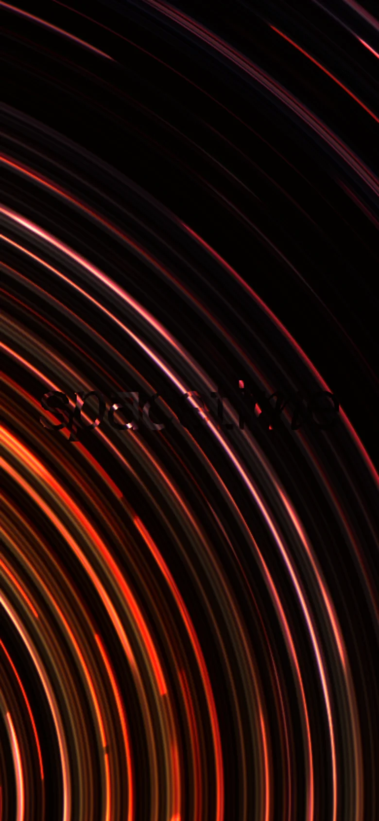 The mobile version maintains the dark theme with swirling orange and red light trails, but the composition is vertically oriented. The 'spacetime' text is positioned in the center of the screen, appearing slightly smaller to fit the narrow aspect ratio of the mobile display.