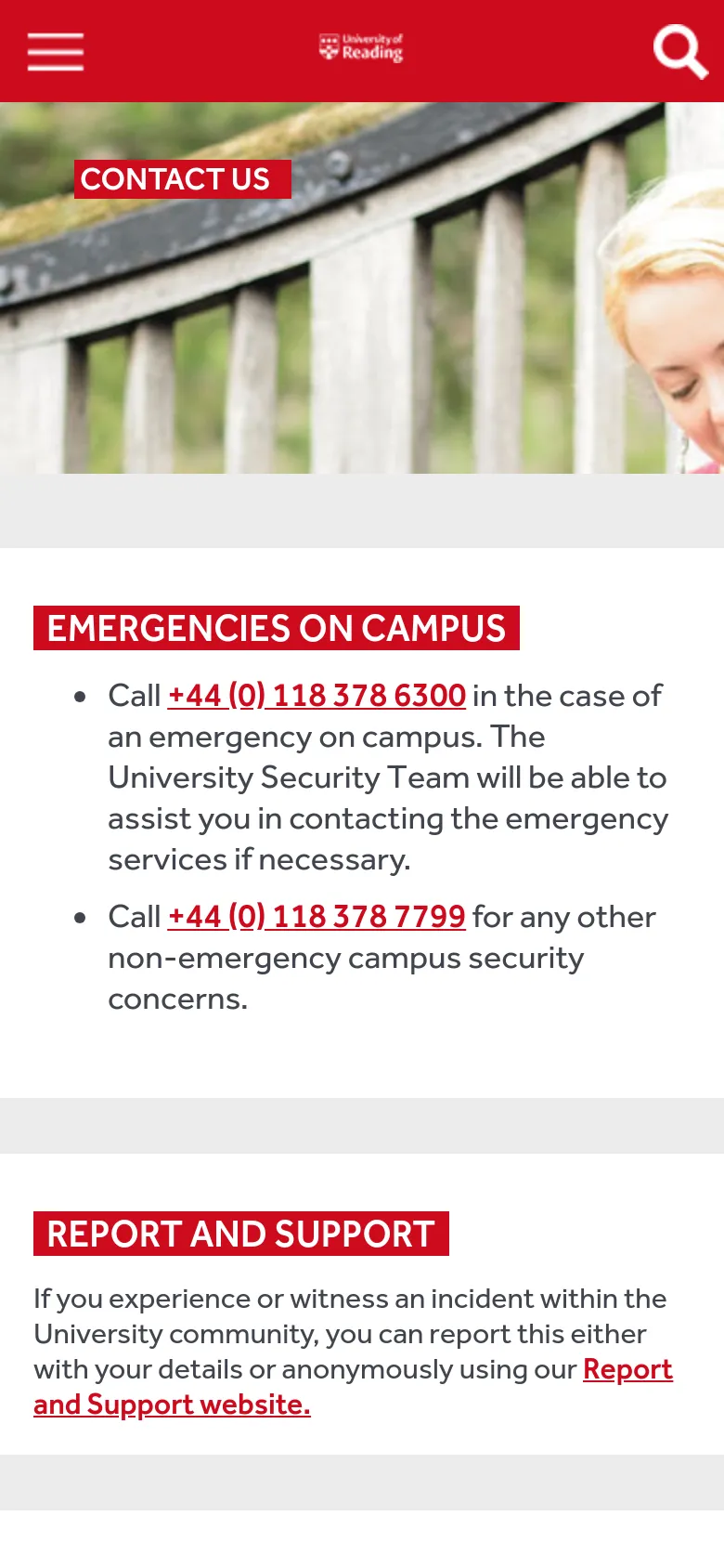 The mobile version presents a simplified, vertical layout with a condensed header containing a hamburger menu, the university logo, and a search icon. The hero image is cropped to focus on the subjects, and the content sections, such as 'EMERGENCIES ON CAMPUS', are stacked vertically for easy scrolling on a small screen.