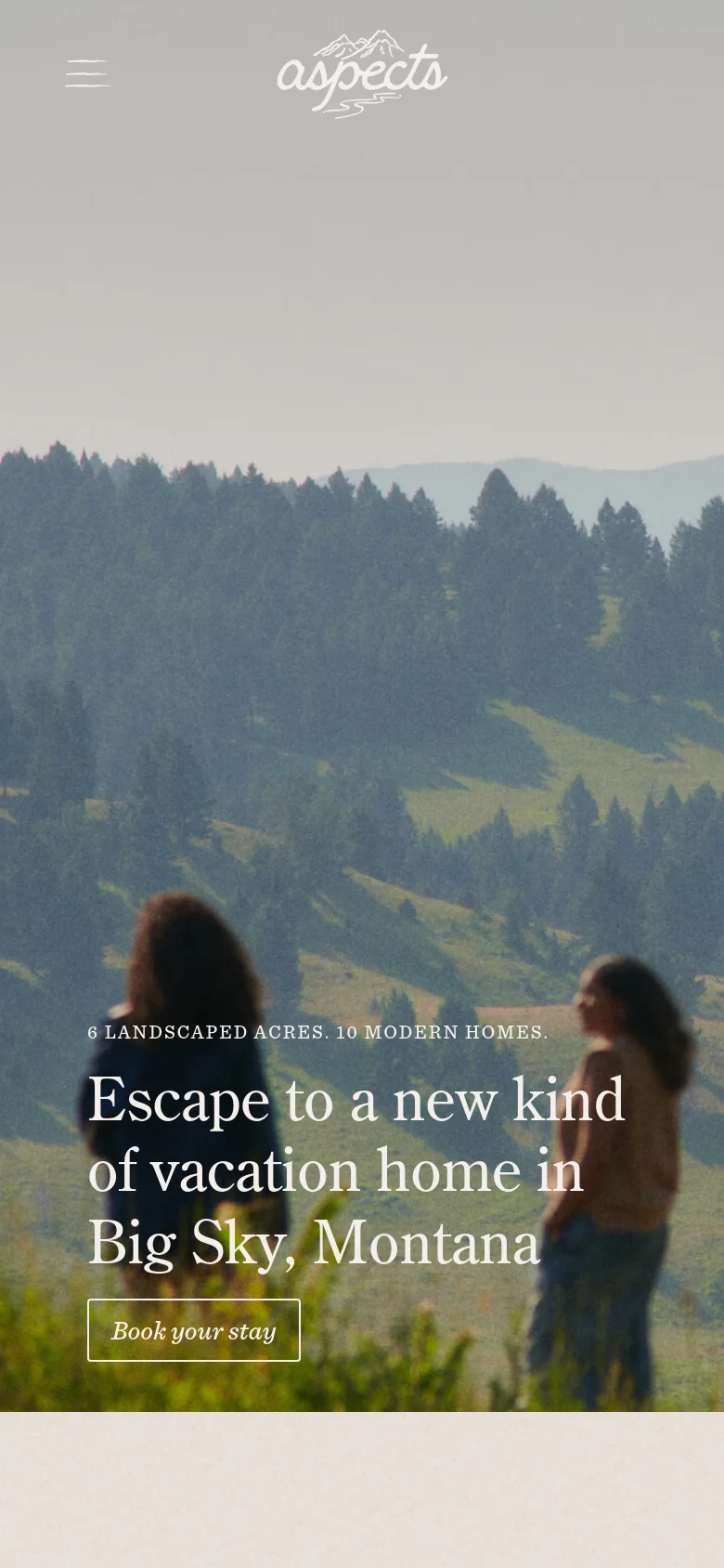 The mobile version presents a vertically oriented view of the mountain landscape hero image. The top navigation is condensed into a hamburger menu icon next to the centered Aspects logo. The primary headline and 'Book your stay' button are centered over the scenic background imagery.