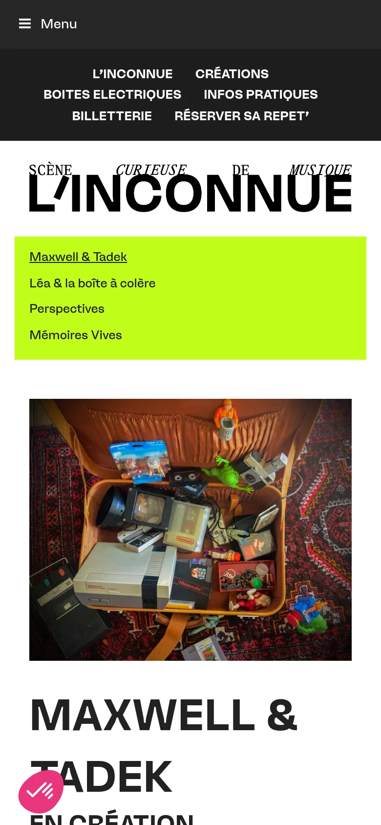The mobile version simplifies the layout into a single vertical column. The lime green navigation menu is positioned above the main hero image of the nostalgic suitcase, and the large 'MAXWELL & TADEK' headline follows below the image. A dark mobile menu bar is visible at the top, and the overall design prioritizes vertical scrolling for the text and imagery.