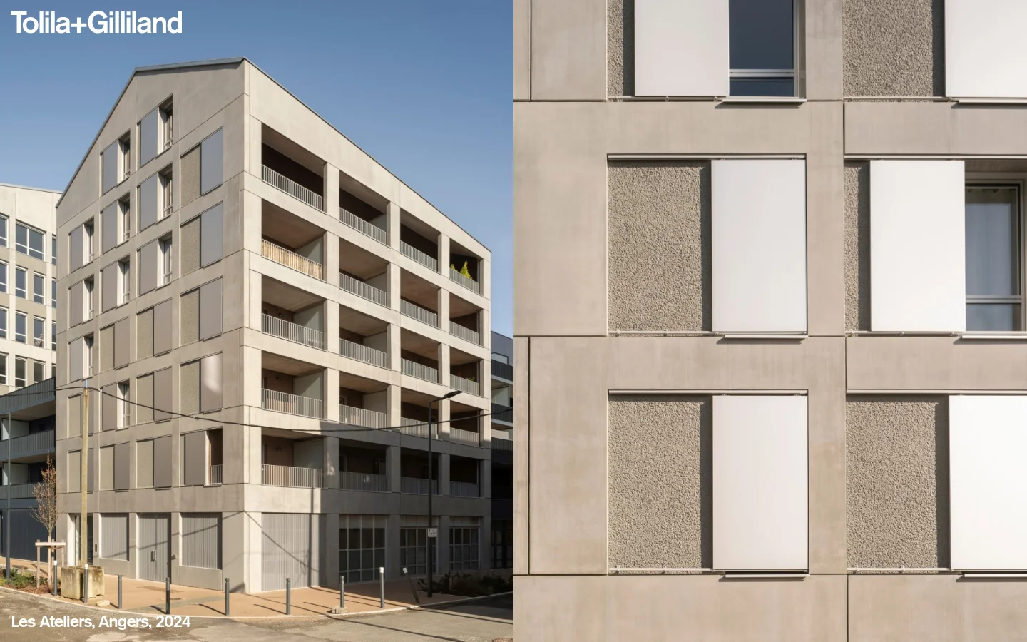 The desktop homepage for Tolila+Gilliland features a large hero image of a modern concrete building with geometric window panels. The company logo is in the top left, and a list of project categories like Urbanisme and Logements is visible. The layout is clean with a minimalist aesthetic and neutral tones.