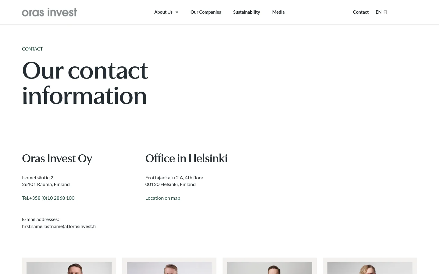 The desktop contact page features a clean white background with the headline 'Our contact information' in large dark serif font. Two columns display contact details for Oras Invest Oy in Rauma and an office in Helsinki, followed by a portrait of CEO Markus Melkko. The navigation menu is horizontal at the top, including links for About Us, Our Companies, Sustainability, Media, and Contact.