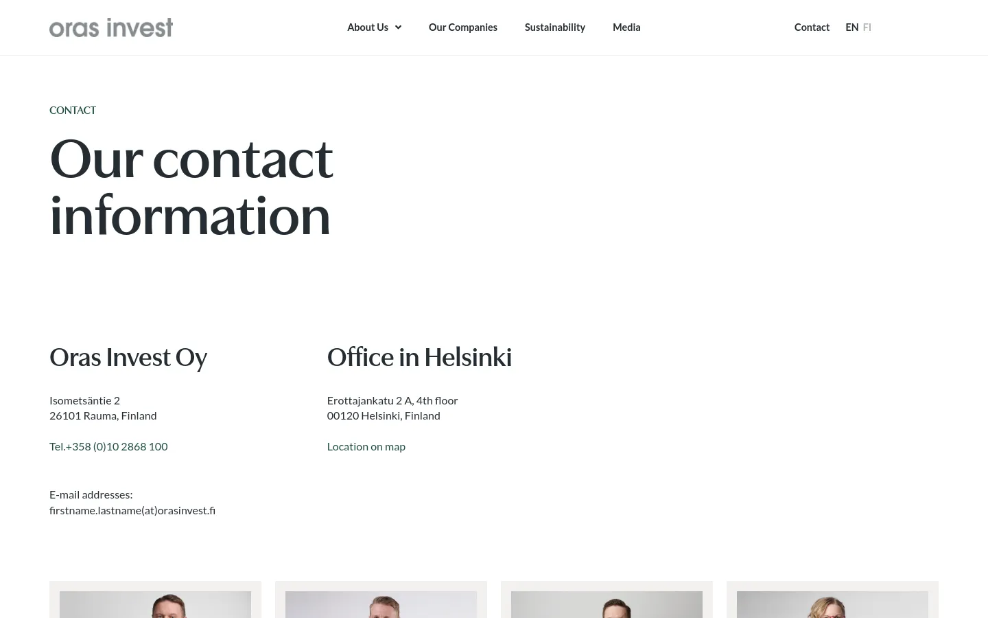 The desktop contact page features a clean white background with the headline 'Our contact information' in large dark serif font. Two columns display contact details for Oras Invest Oy in Rauma and an office in Helsinki, followed by a portrait of CEO Markus Melkko. The navigation menu is horizontal at the top, including links for About Us, Our Companies, Sustainability, Media, and Contact.