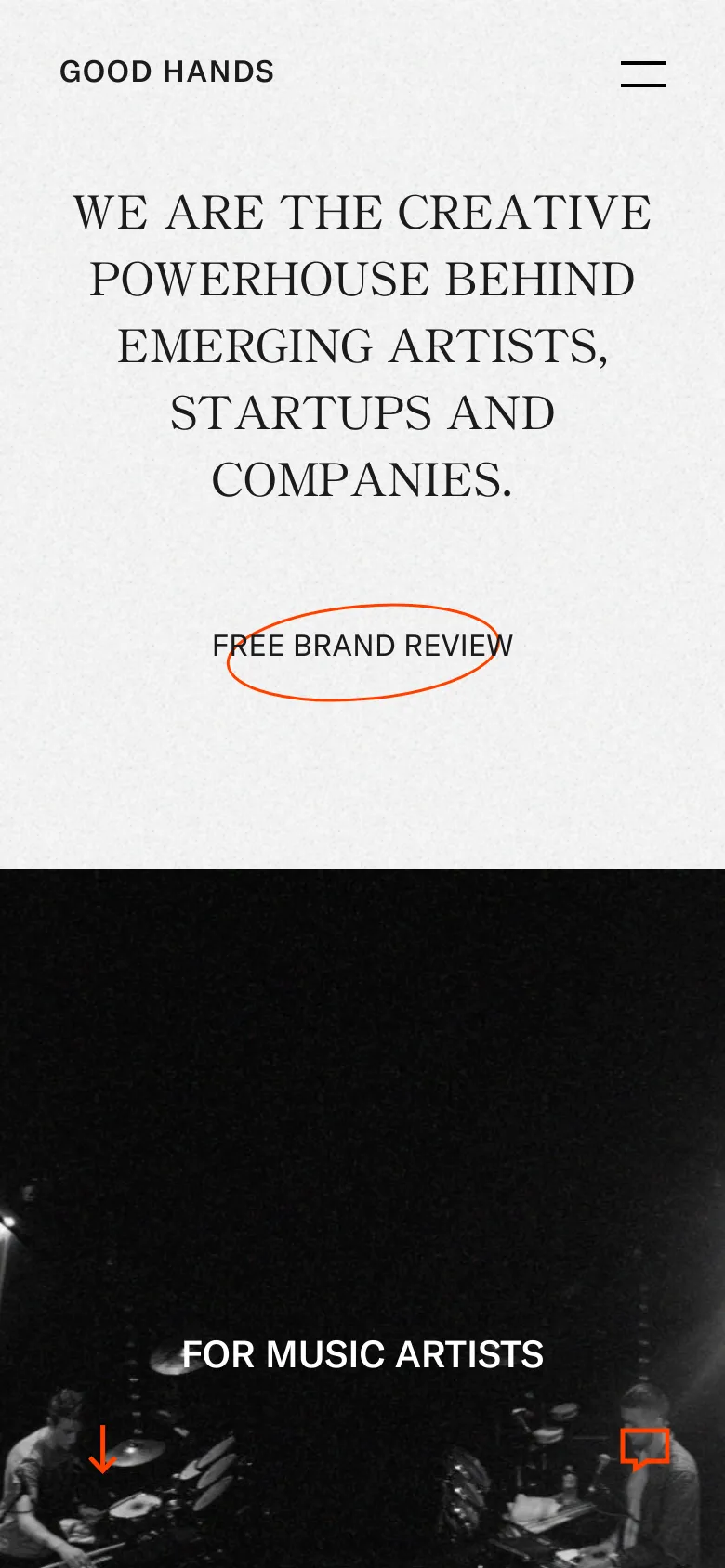 The mobile version presents a vertically stacked layout with the large serif headline centered at the top. A prominent 'FREE BRAND REVIEW' call-to-action button is positioned in the middle of the screen. The bottom section features a full-width black-and-white image of a music performance with a red arrow and navigation icon overlaid.