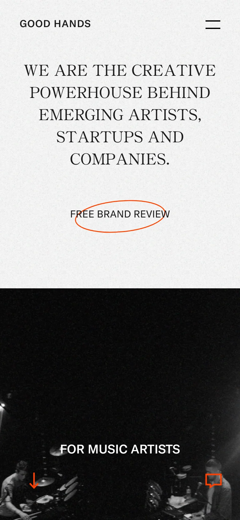 The mobile version presents a vertically stacked layout with the large serif headline centered at the top. A prominent 'FREE BRAND REVIEW' call-to-action button is positioned in the middle of the screen. The bottom section features a full-width black-and-white image of a music performance with a red arrow and navigation icon overlaid.