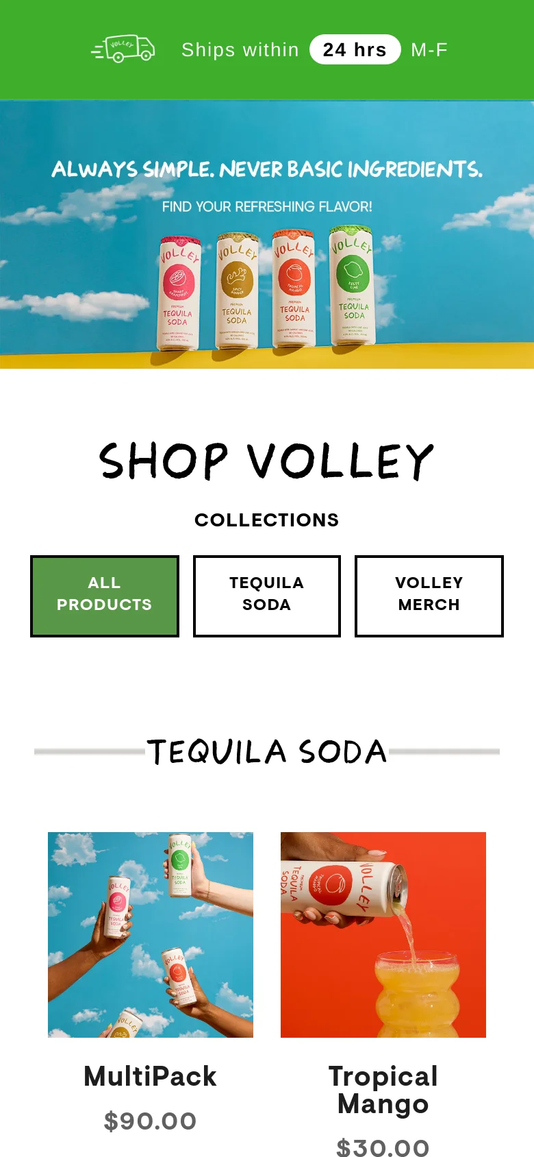 The mobile version presents a vertically stacked layout, starting with a condensed hero banner of the product cans under a blue sky. The 'SHOP VOLLEY' section follows with large, touch-friendly buttons for collections, and the product grid displays single-column or two-column product cards with images and prices.