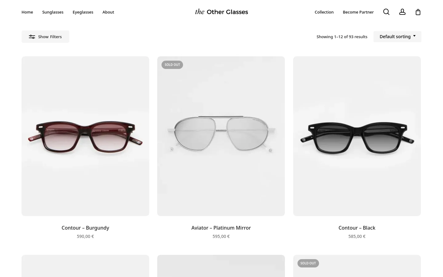The desktop 'Shop All' page features a clean, minimalist layout with a white background and a three-column grid of eyewear products. A top navigation bar includes the brand logo, links for Sunglasses, Eyeglasses, and About, and icons for search, user account, and shopping bag. A 'Show Filters' button and a 'Default sorting' dropdown menu sit above the product grid, which displays high-quality images of glasses with their names and prices below.