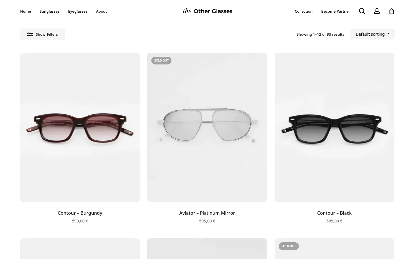 The desktop 'Shop All' page features a clean, minimalist layout with a white background and a three-column grid of eyewear products. A top navigation bar includes the brand logo, links for Sunglasses, Eyeglasses, and About, and icons for search, user account, and shopping bag. A 'Show Filters' button and a 'Default sorting' dropdown menu sit above the product grid, which displays high-quality images of glasses with their names and prices below.
