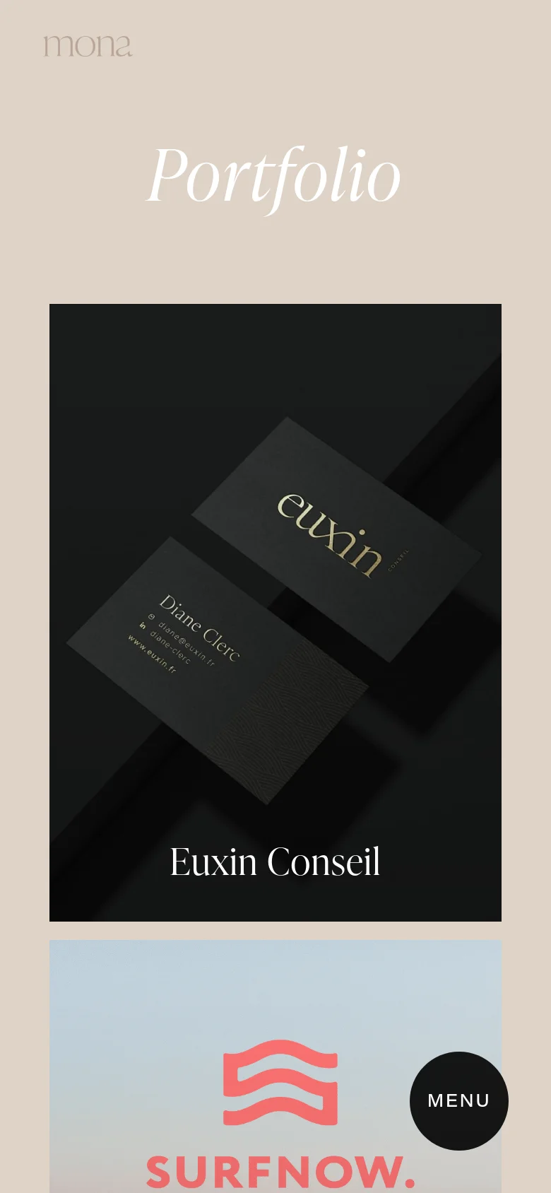 The mobile version maintains the beige aesthetic and large serif 'Portfolio' headline but transitions to a single-column vertical layout. The project tiles are stacked vertically, filling the width of the screen, and the black circular 'MENU' button is positioned centrally on the right side.