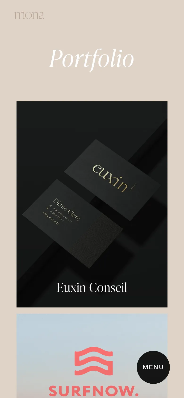 The mobile version maintains the beige aesthetic and large serif 'Portfolio' headline but transitions to a single-column vertical layout. The project tiles are stacked vertically, filling the width of the screen, and the black circular 'MENU' button is positioned centrally on the right side.