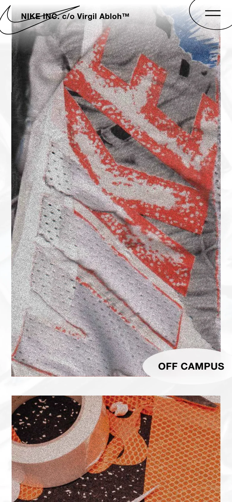 The mobile version simplifies the layout into a vertical stack of large, full-width imagery, focusing on the textured close-ups of sneakers and fabrics. The navigation links are removed from the main view, replaced by a prominent hamburger menu icon in the top right corner. The 'OFF CAMPUS' label is displayed in a large, rounded white pill button overlaid on the hero image.