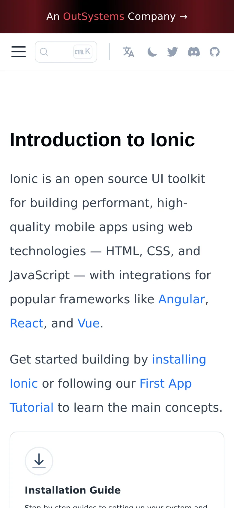The mobile version simplifies the layout into a single vertical column, removing the left-hand sidebar and condensing the top navigation into a hamburger menu. The 'Introduction to Ionic' headline and introductory text are prominent at the top, followed by large, full-width cards for the main guide sections like 'Installation Guide'. The color scheme remains white with dark text and blue accent links.