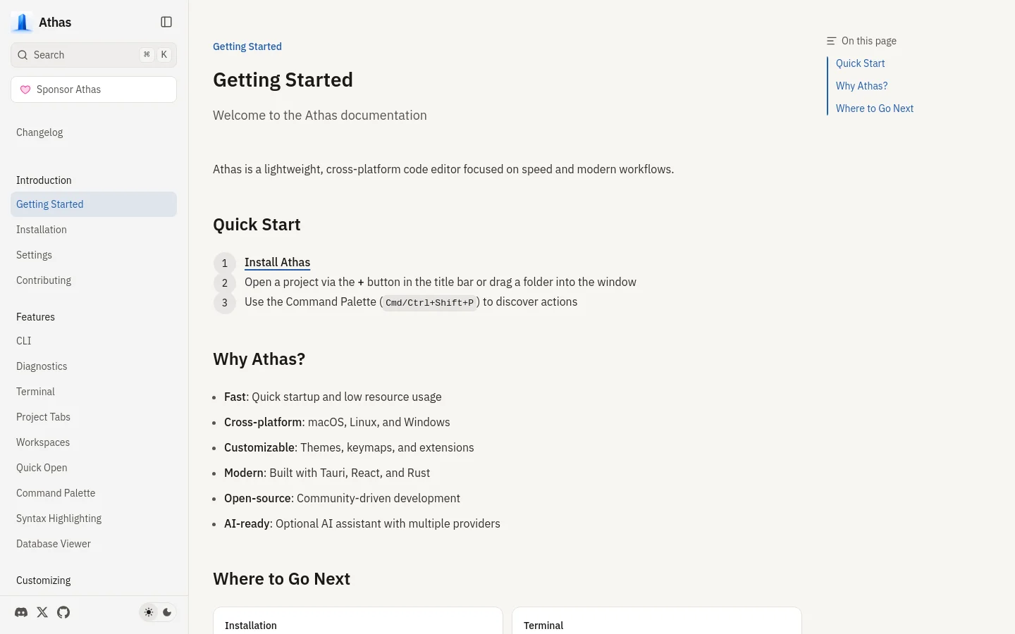 The desktop documentation page features a clean, white layout with a dark grey sidebar on the left containing a search bar and hierarchical navigation links. The main content area displays the 'Getting Started' headline, a brief introduction to the Athas code editor, and sections for 'Quick Start' and 'Why Athas?' using bulleted lists. A right-hand 'On this page' navigation menu provides quick links to the main sections.