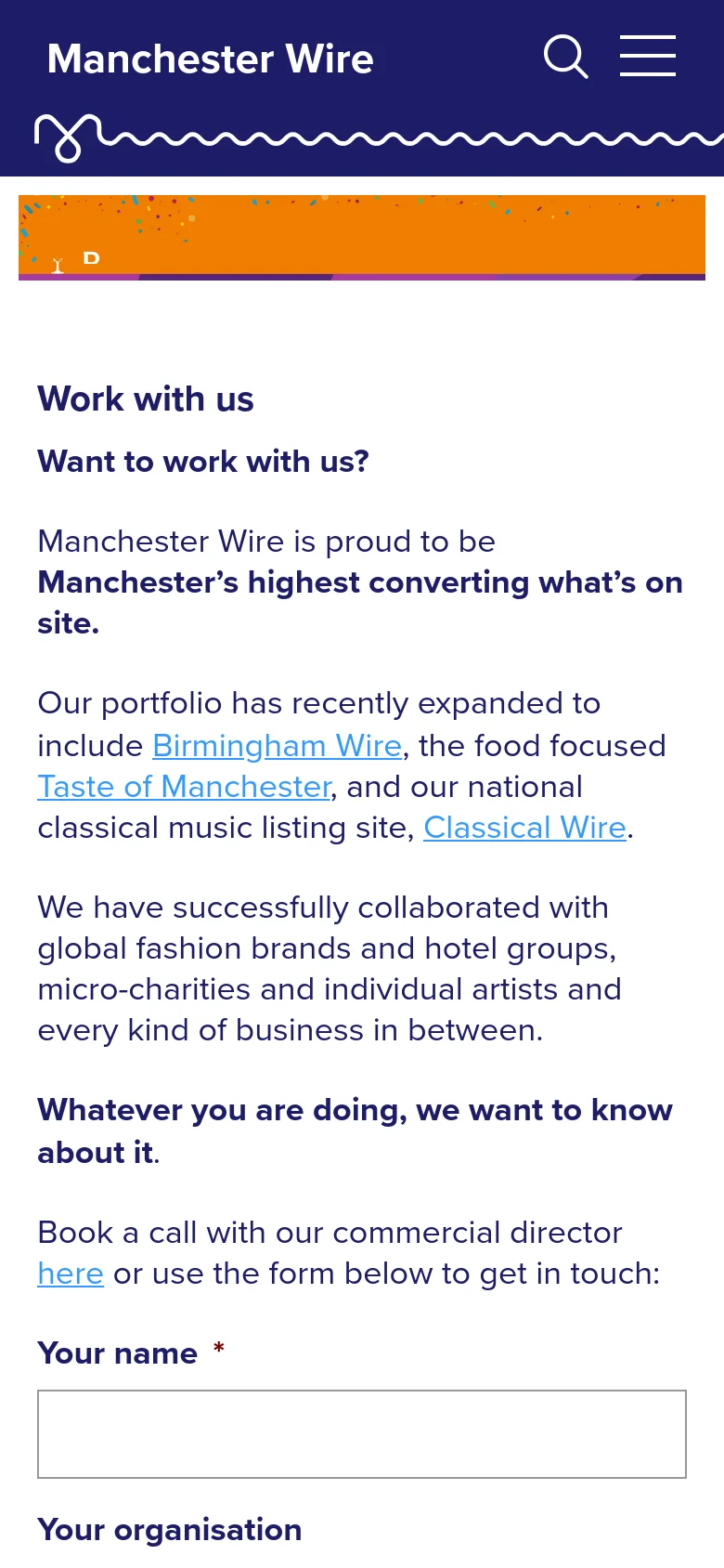 The mobile version displays a condensed dark blue header with a hamburger menu and search icon. The RHS Garden Bridgewater advertisement is scaled down to fit the screen width, and the 'Work with us' text content follows in a single-column vertical layout optimized for scrolling.