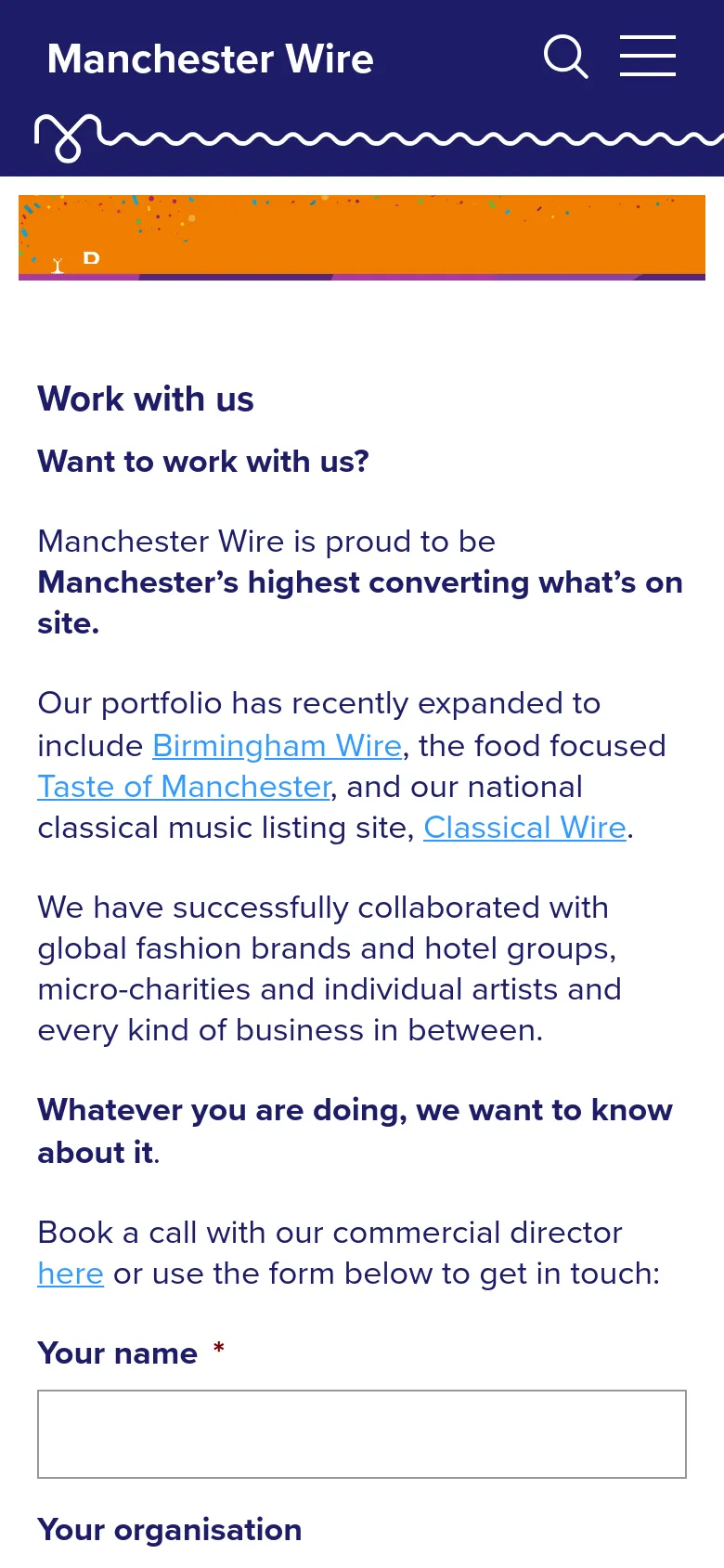 The mobile version displays a condensed dark blue header with a hamburger menu and search icon. The RHS Garden Bridgewater advertisement is scaled down to fit the screen width, and the 'Work with us' text content follows in a single-column vertical layout optimized for scrolling.