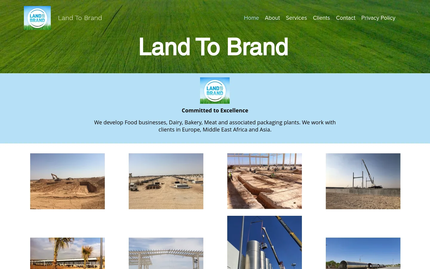 The desktop homepage features a large hero image of a lush green field with the headline 'Land To Brand' in white text. Below the hero section, a light blue banner contains a small logo and text describing the company's food business development services. A grid of various industrial and construction site photographs follows, leading to a 'Learn More' section.
