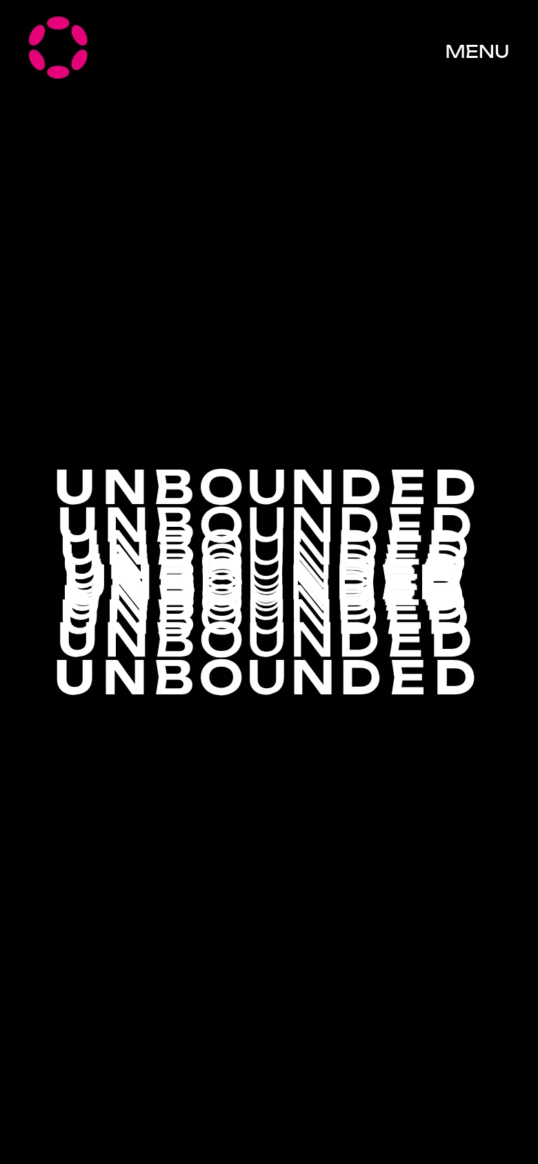 The mobile version maintains the black background and pink Polkadot logo in the top left, but the layout is vertically oriented. The 'MENU' text is positioned in the top right, and the large, layered white 'UNBOUNDED' typography is centered prominently in the middle of the screen.