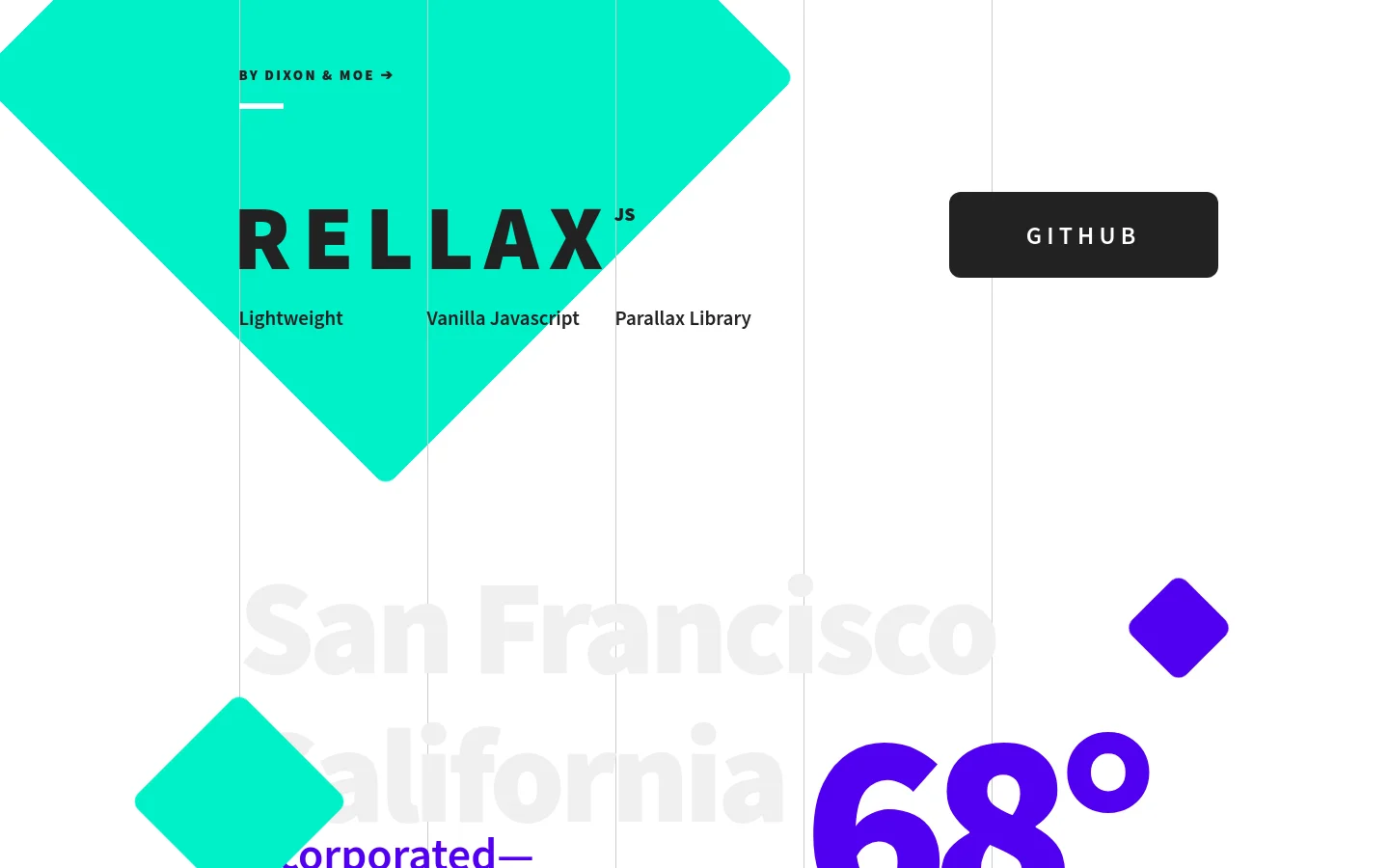 The RellaxJS landing page features a minimalist white background with large, bold black typography and vibrant teal and purple geometric shapes. A large teal diamond shape sits on the left, while a black 'GITHUB' button is positioned on the right. The layout uses thin vertical lines and large, light gray text in the background for a parallax effect.