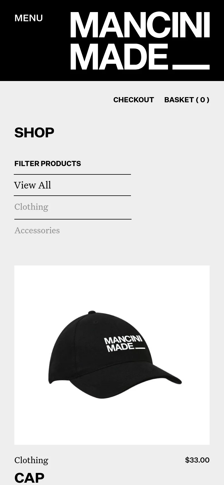 The mobile version simplifies the layout into a single column, placing the large Mancini Made logo and menu at the top. The 'SHOP' heading and product filters are stacked vertically above a single-column product display, showing the black cap with its price and category prominently.