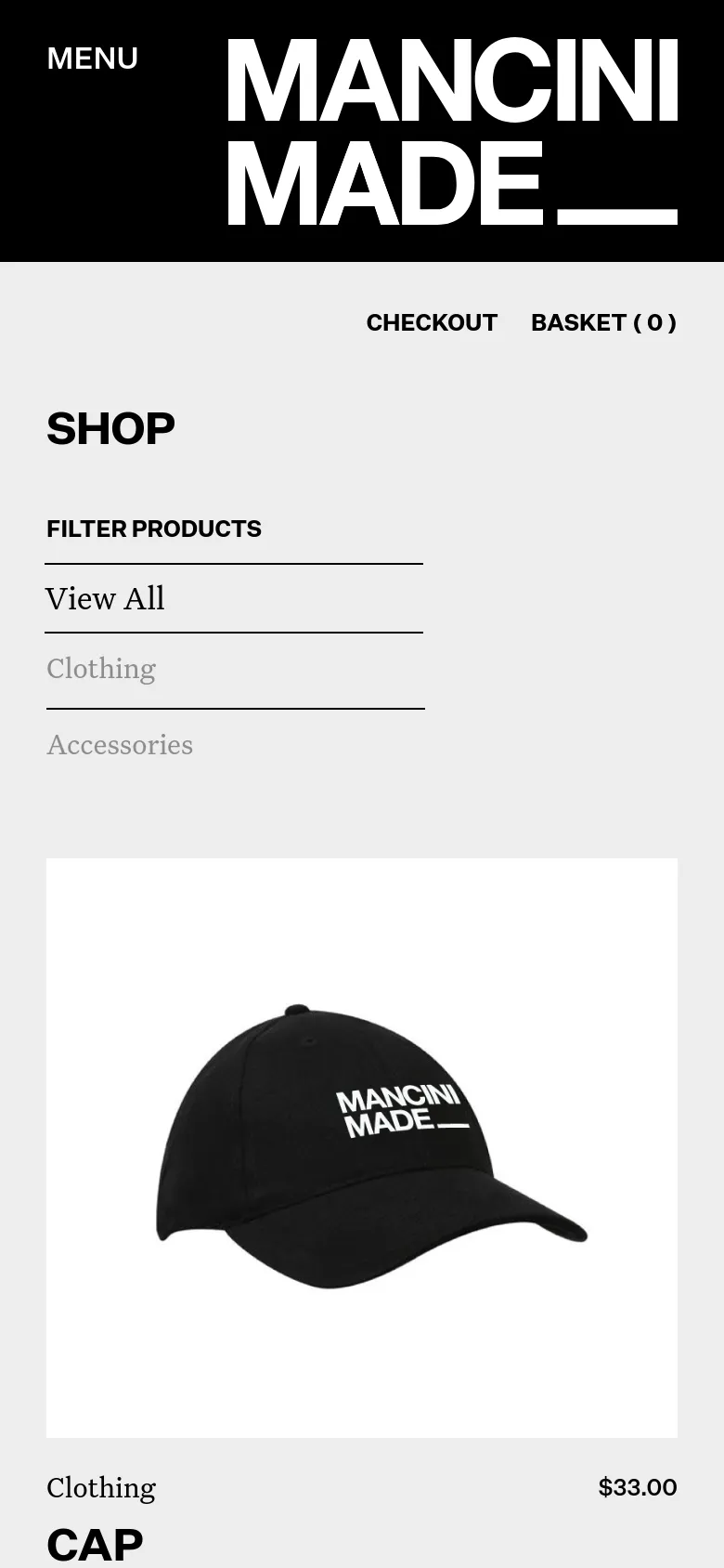 The mobile version simplifies the layout into a single column, placing the large Mancini Made logo and menu at the top. The 'SHOP' heading and product filters are stacked vertically above a single-column product display, showing the black cap with its price and category prominently.