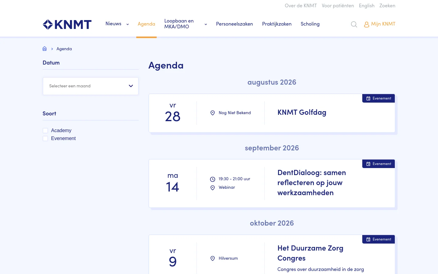 The Agenda page features a clean, light blue layout with a white navigation bar at the top. A left-hand sidebar allows users to filter events by month and type (Academy or Evenement), while the main content area displays a chronological list of event cards organized by month headings. Each card shows the date, event title, location or time, and a blue 'Evenement' tag.
