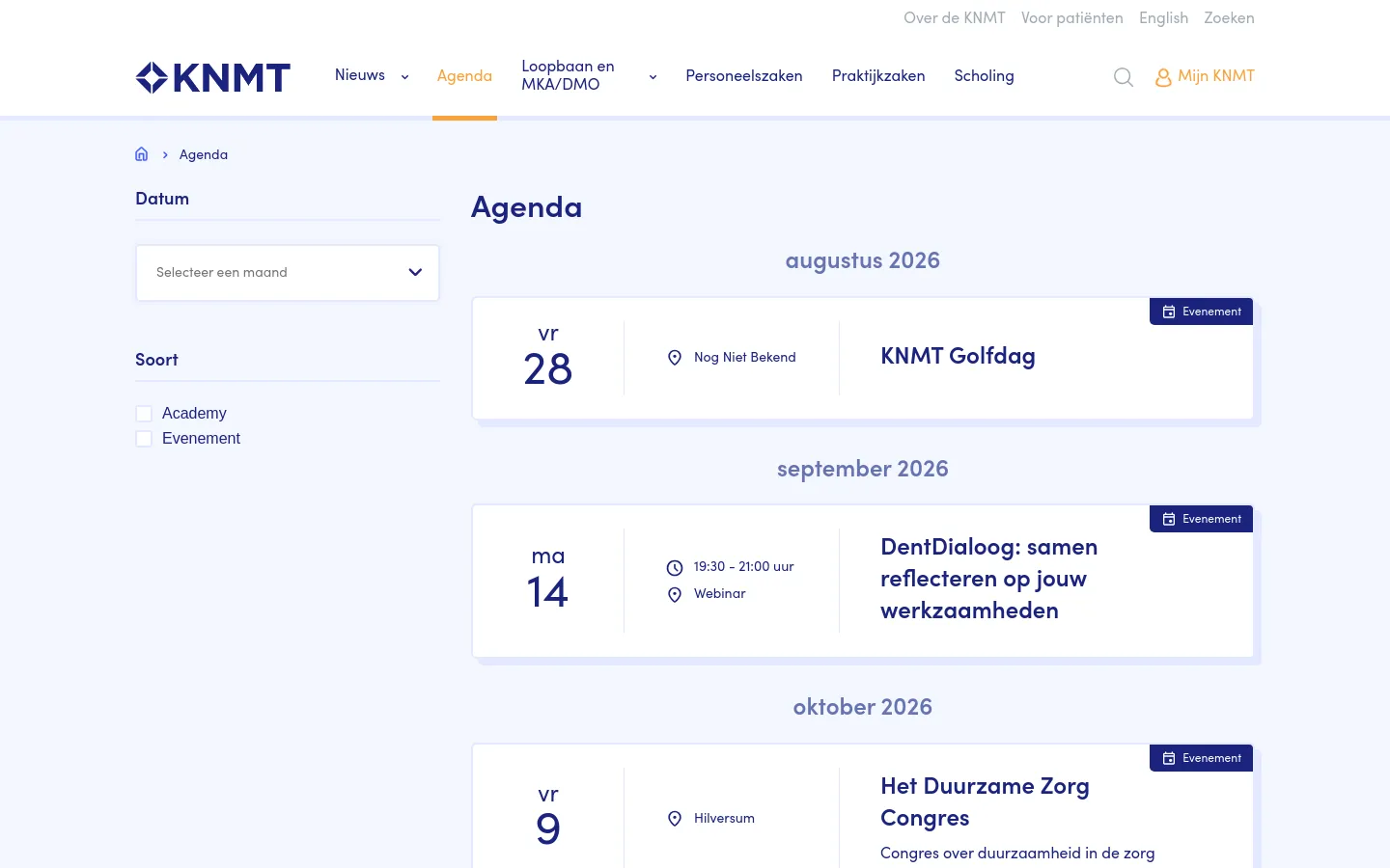 The Agenda page features a clean, light blue layout with a white navigation bar at the top. A left-hand sidebar allows users to filter events by month and type (Academy or Evenement), while the main content area displays a chronological list of event cards organized by month headings. Each card shows the date, event title, location or time, and a blue 'Evenement' tag.