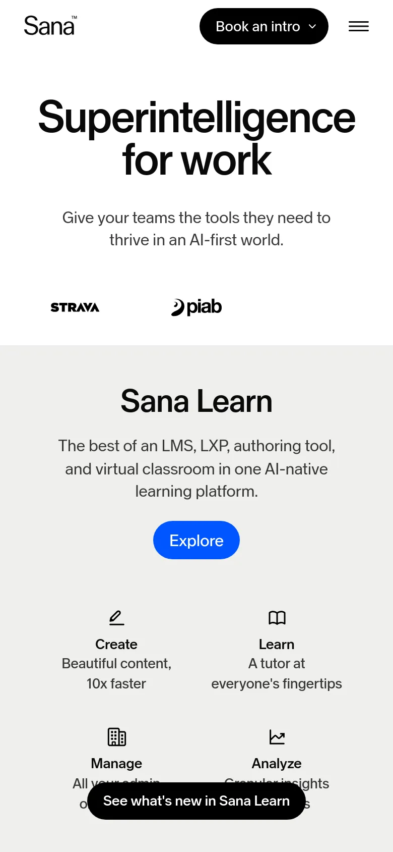 The mobile version presents a vertically stacked layout with the 'Superintelligence for work' headline centered at the top. The brand logos are reduced to a smaller selection, and the 'Sana Learn' section features a single-column arrangement of feature icons and text. A prominent black 'See what's new in Sana Learn' button is fixed at the bottom of the screen.