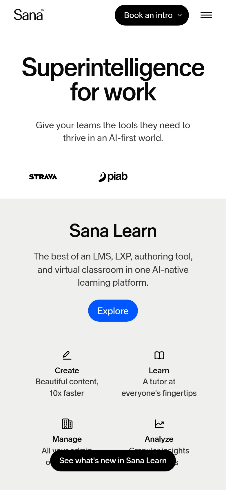 The mobile version presents a vertically stacked layout with the 'Superintelligence for work' headline centered at the top. The brand logos are reduced to a smaller selection, and the 'Sana Learn' section features a single-column arrangement of feature icons and text. A prominent black 'See what's new in Sana Learn' button is fixed at the bottom of the screen.