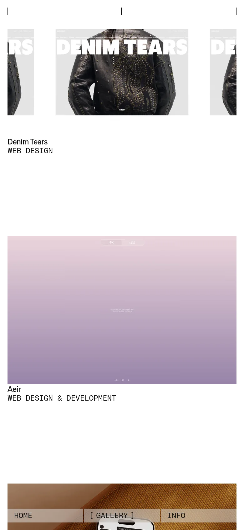 The mobile version presents the gallery in a single-column vertical stack, making the project images and text full-width for easier scrolling. The navigation menu is simplified, and the layout maintains the clean, high-contrast aesthetic of the desktop site.