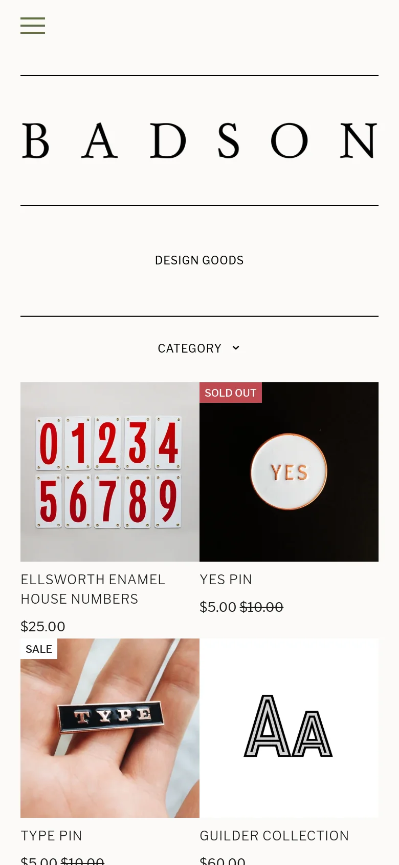 The mobile version presents a simplified vertical layout with the 'BADSON' logo at the top and a collapsible 'CATEGORY' dropdown menu. Product items are stacked in a single column, showing large images of pins and house numbers followed by their titles and prices. The interface is streamlined for vertical scrolling on a small screen.