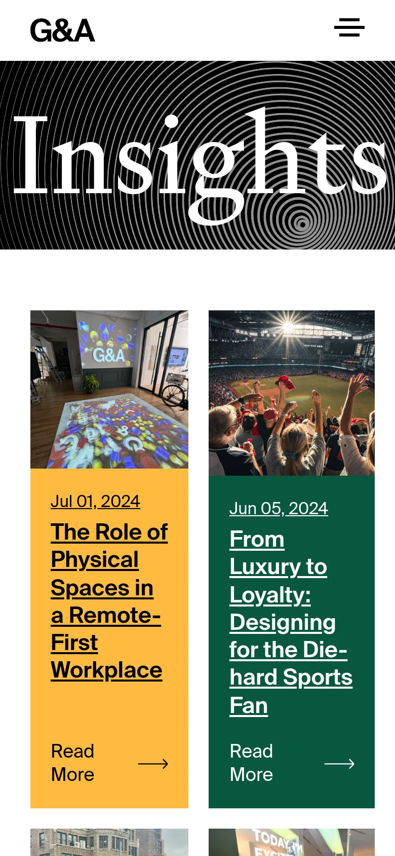 The mobile version maintains the large 'Insights' hero banner with concentric circle patterns but scales the content for a vertical view. The article cards are stacked vertically, showing a single column of images, dates, and headlines to ensure readability on a smaller screen.