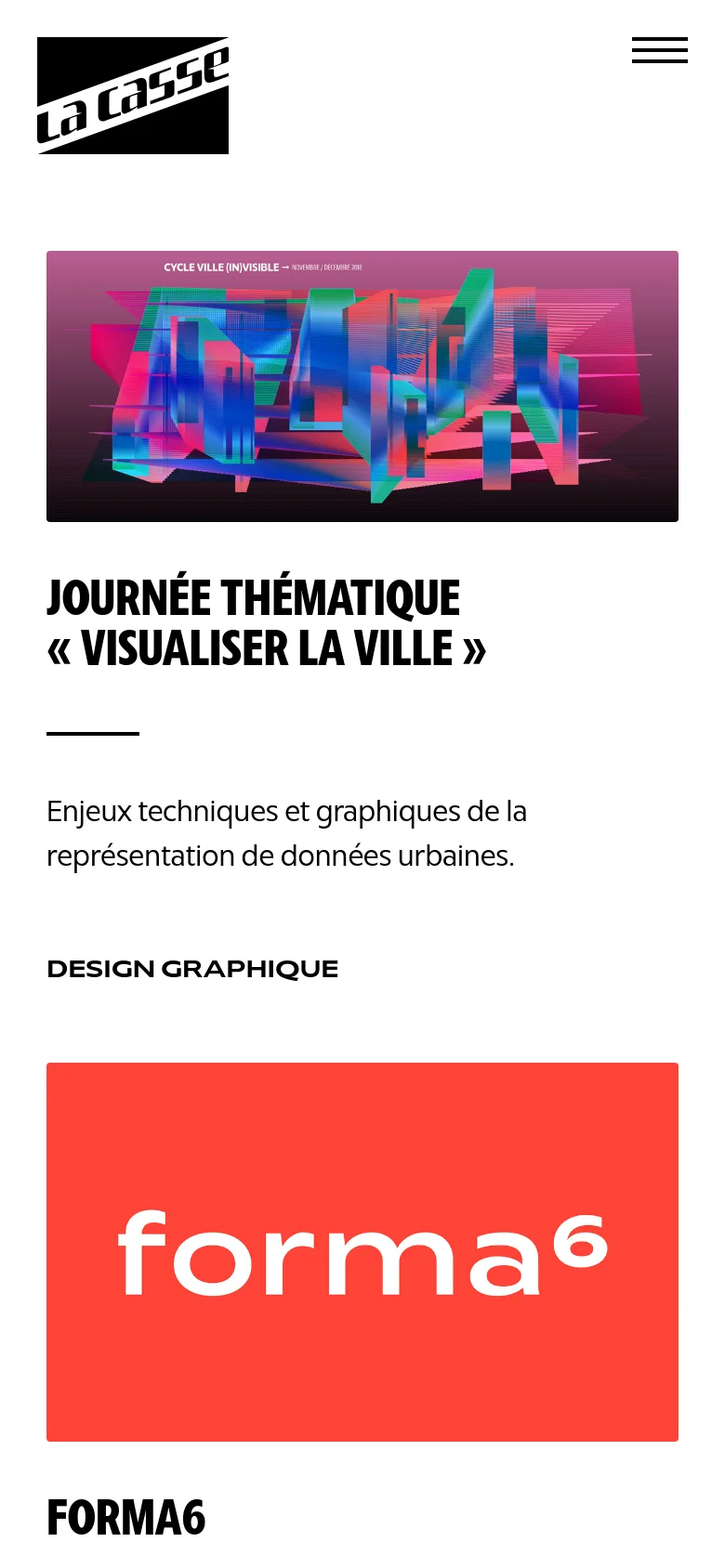 The mobile version presents a single-column vertical layout with a simplified header containing the 'la casse' logo and a hamburger menu icon. The content starts with a colorful abstract graphic, followed by the 'Journée Thématique' headline and description, and a large red 'forma6' block below it.