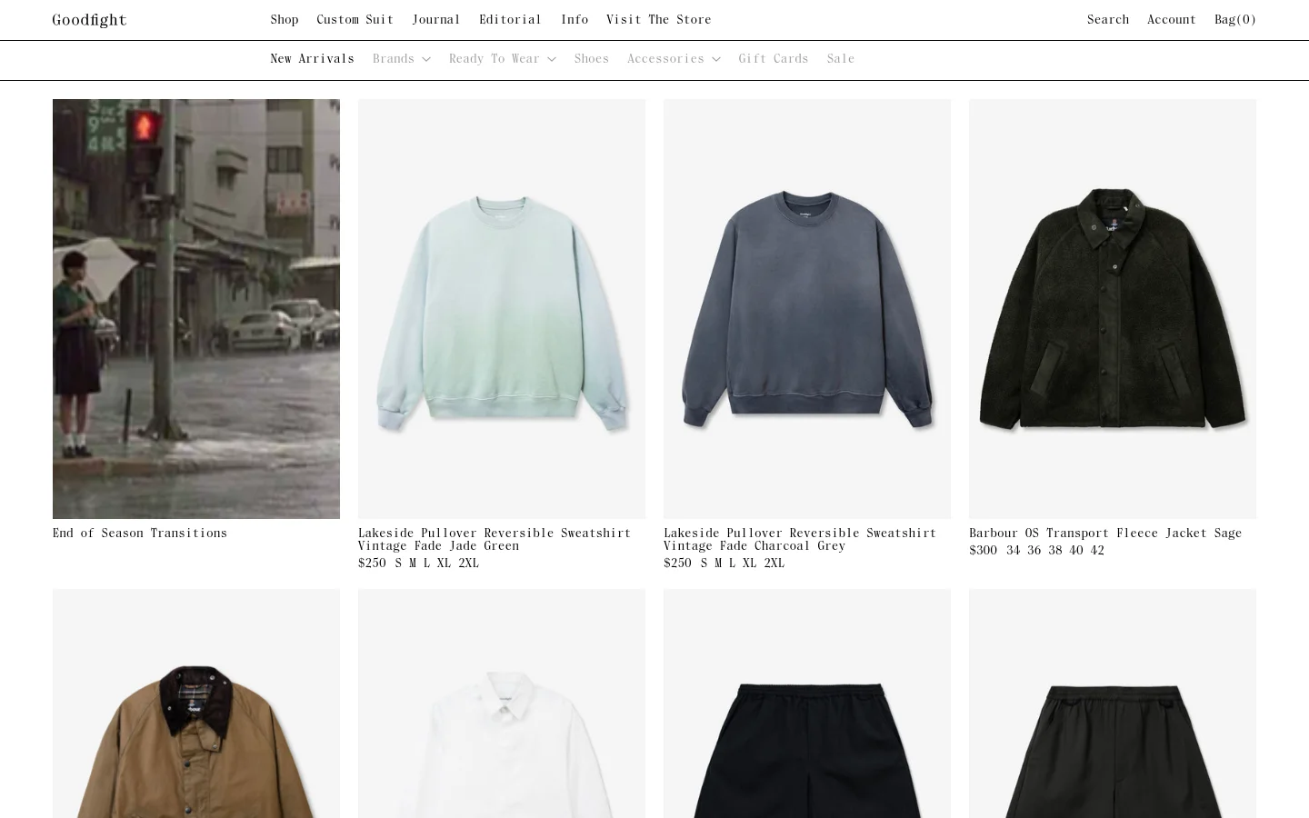 The desktop homepage features a minimalist white layout with a top navigation menu including Shop, Journal, and Editorial. A large hero image shows a street scene with a person standing near a traffic light, followed by a product grid displaying sweatshirts and a fleece jacket with prices and available sizes.
