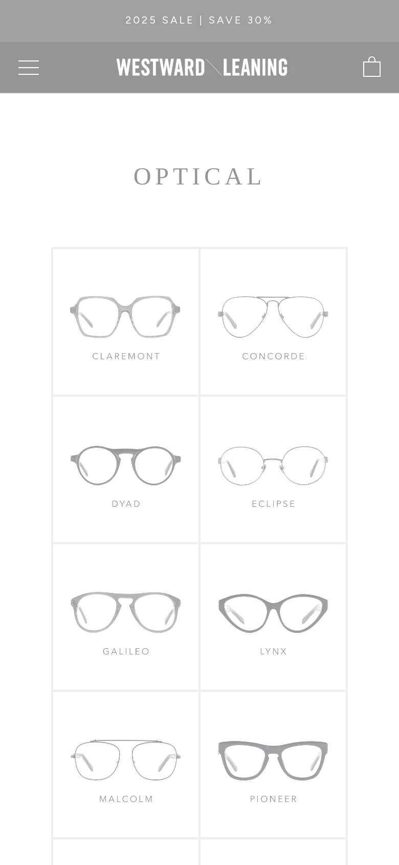 The mobile version presents the same eyewear collection but in a two-column grid layout to fit the narrower screen. The header is condensed, featuring a hamburger menu icon on the left and a shopping bag icon on the right, with the brand logo centered.