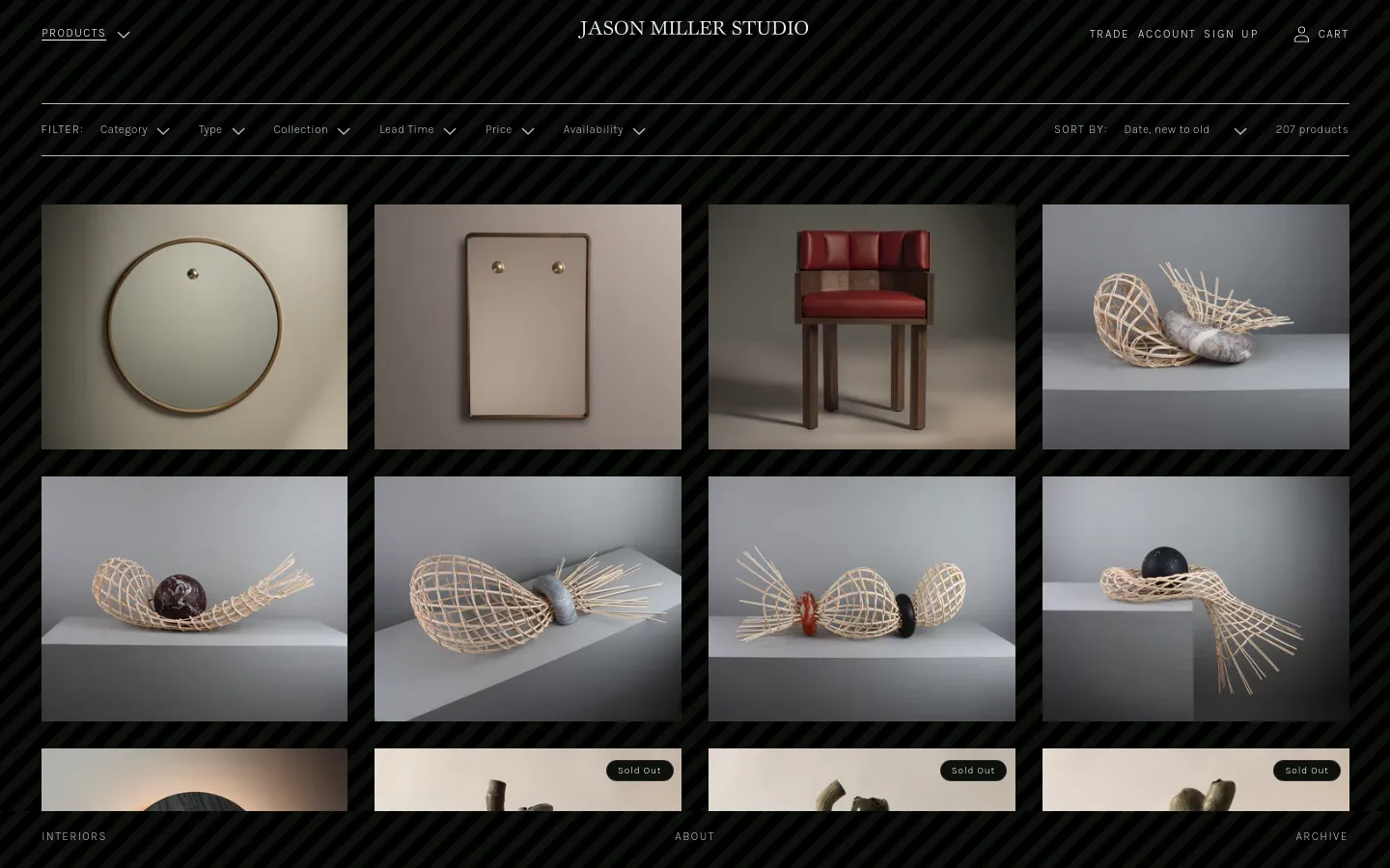 The desktop version of the Shop All page features a minimalist design with a black background and white text. A grid of product images displays various items like mirrors, chairs, and sculptural objects, each with its name and price below. A filter and sort bar is positioned at the top, showing 207 products available.