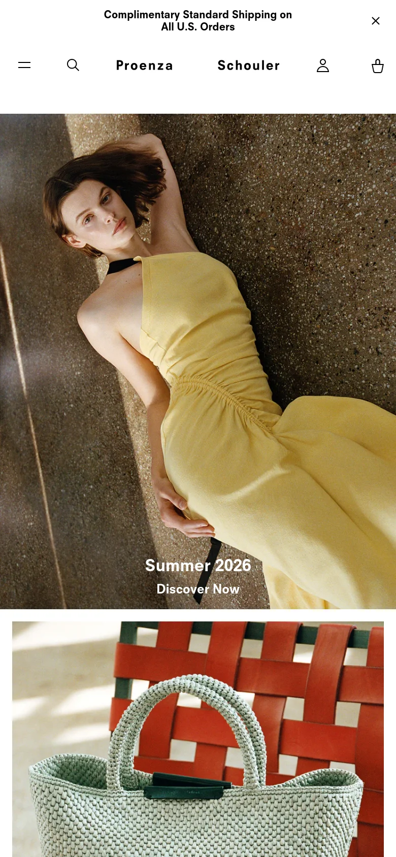 The mobile version presents a condensed layout with a hamburger menu and search icon in the header. The hero image of the model in the yellow dress is vertically oriented and occupies the full width of the screen, with the 'Summer 2026' text centered over the image. The navigation links and product grids are stacked vertically for easier scrolling.