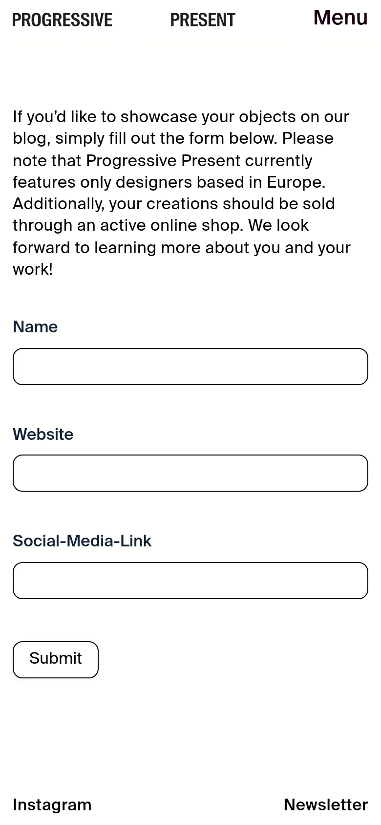 The mobile version uses a single-column layout with the logo and a 'Menu' toggle at the top. The submission form and instructional text span the full width of the screen, making the input fields and Submit button larger and easier to tap.