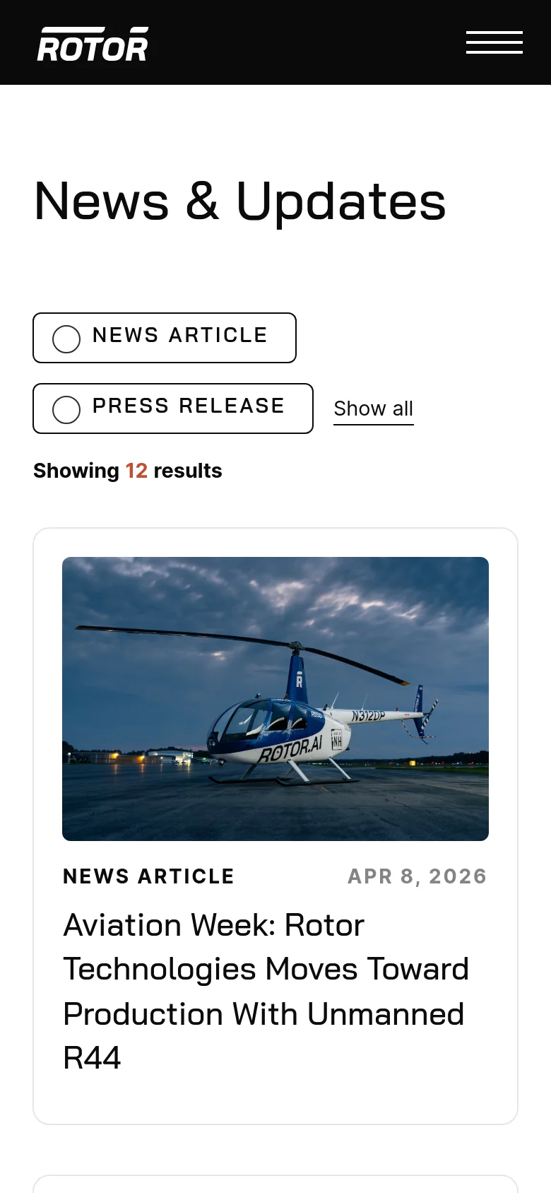 The mobile version maintains the white background and dark header but uses a simplified vertical layout. The 'News & Updates' headline is prominent, followed by stacked filter buttons and a single-column list of news cards. Each card features a large image at the top with the article category, date, and headline positioned directly underneath.