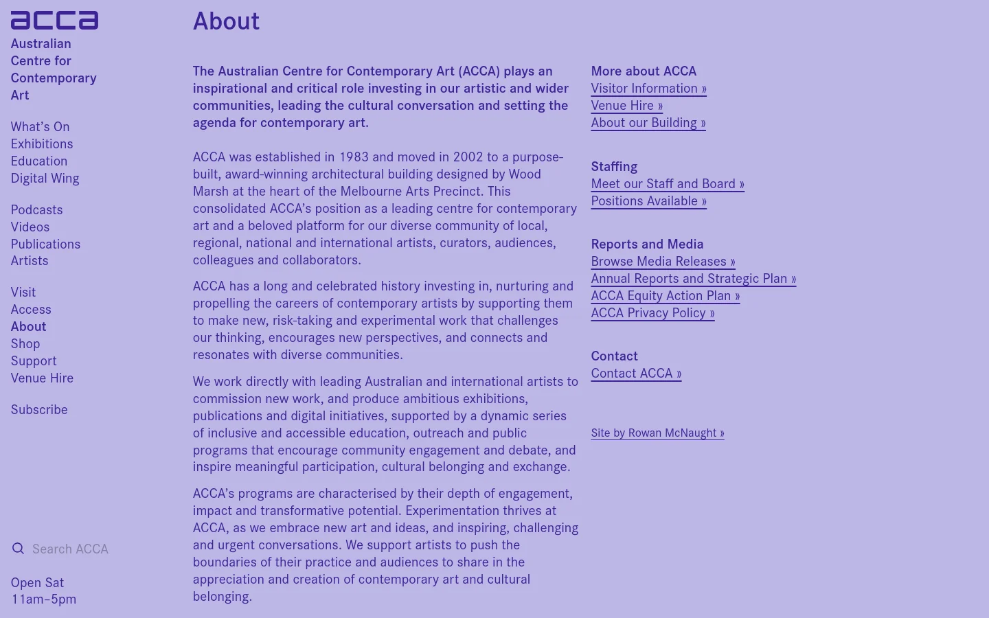 The About page features a clean, minimalist layout with a white background and dark purple text. The desktop view shows a multi-column layout with a large 'About' heading, several paragraphs of descriptive text on the left, and a sidebar on the right containing various navigation links like 'Visitor Information' and 'Staffing'. A left-hand sidebar provides main site navigation including 'Exhibitions', 'Education', and 'Artists'.